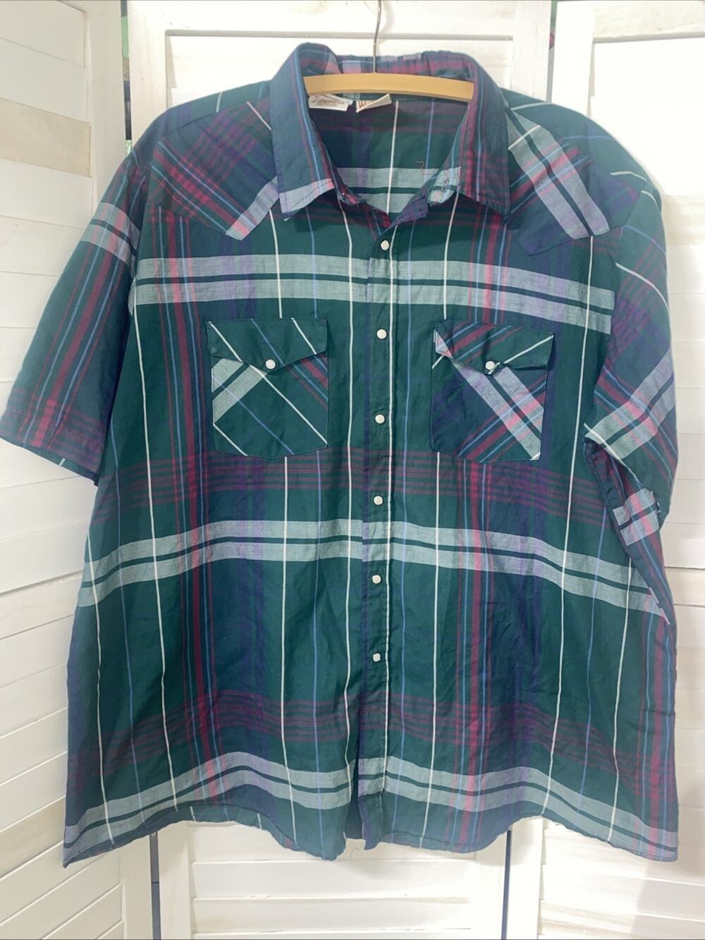 Western Frontier Men's Pearl Snap Shirt Short Sleeve Green Red Plaid 2XL